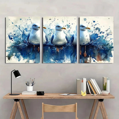 3pcs Whimsical Seagull White Blue Metal Print Ready to Hang Art