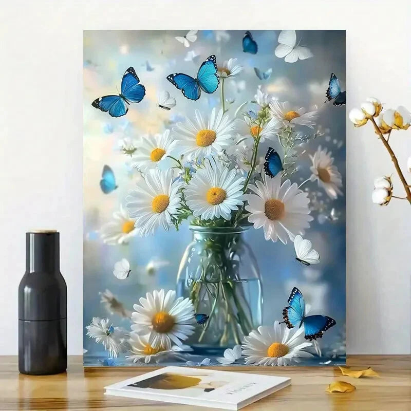 Elegant Daisy Bouquet in Glass Vase with Butterflies 40x60cm Metal Print Ready to Hang