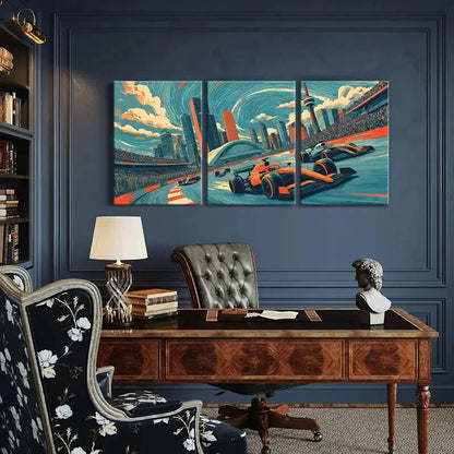 3pcs Cityscape Racing Art Formula One Cars Metal Print Ready to Hang Art