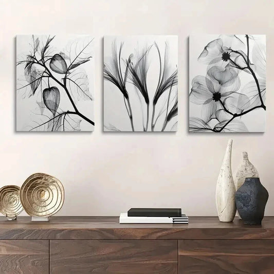 3pcs Black and White Botanical Floral and Leaf Wall Art Set Canvas Framed 40x60cm - High Quality Print 100% Australian Made Wall Canvas Ready to Hang