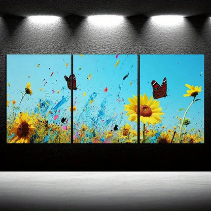 3pcs Charming Trio Sunflowers & Butterflies Metal Print Ready to Hang Art