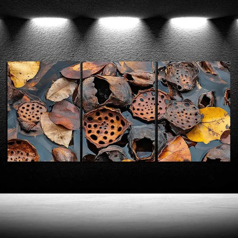 3pcs Fallen Leaves And Lotus Pods Metal Print Ready to Hang Art