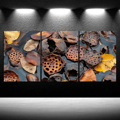 3pcs Fallen Leaves And Lotus Pods Metal Print Ready to Hang Art