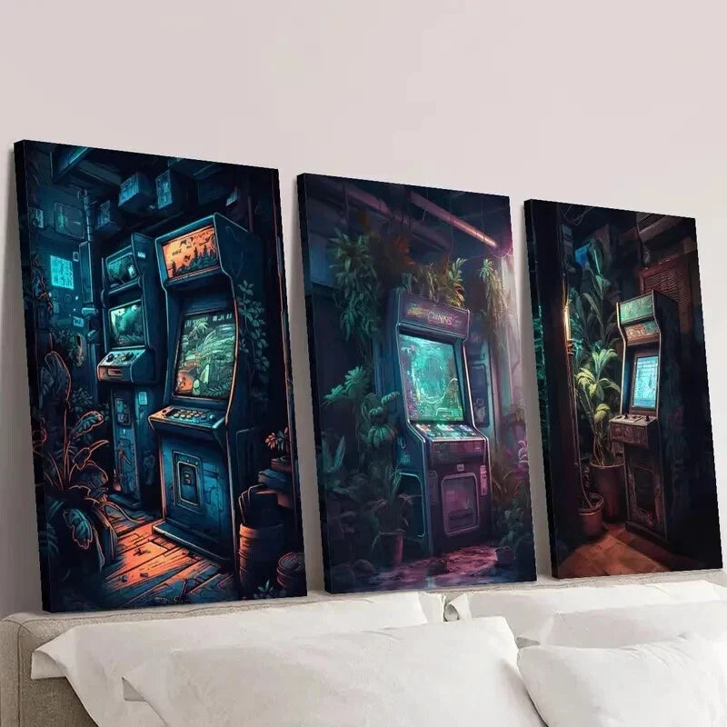 3pcs Retro Arcade Nostalgic Gaming Scenery Wall Art Set Canvas Framed 60x90cm - High Quality Print 100% Australian Made Wall Canvas Ready to Hang