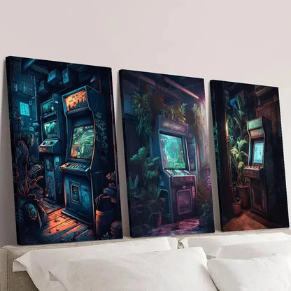 3pcs Retro Arcade Nostalgic Gaming Scenery Wall Art Set Canvas Framed 60x90cm - High Quality Print 100% Australian Made Wall Canvas Ready to Hang