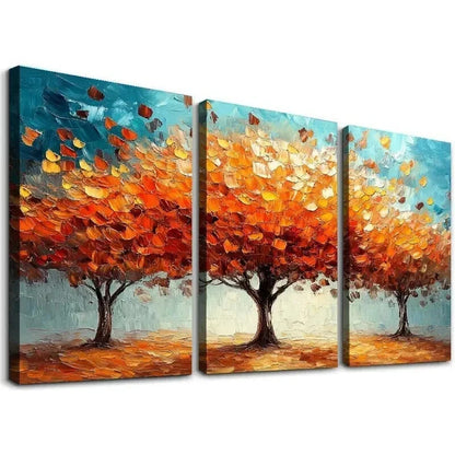 3pcs Twin Trees Vibrant Fall Leaves Design Wall Art Set Canvas Framed 40x60cm - High Quality Print 100% Australian Made Wall Canvas Ready to Hang