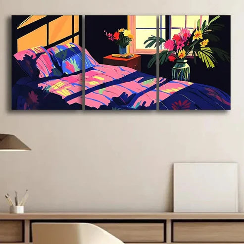 3pcs Illustration of Bedroom with Window Perfect Wall Art Set Canvas Unframed - High Quality Print 100% Australian Made Wall Canvas