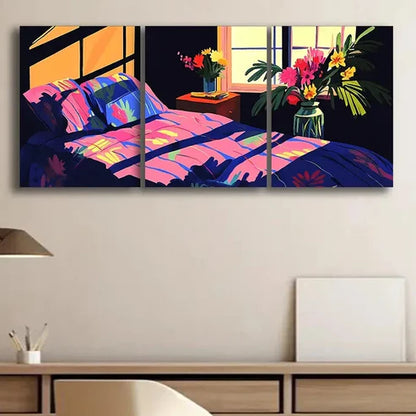 3pcs Illustration of Bedroom with Window Perfect Wall Art Set Canvas Unframed - High Quality Print 100% Australian Made Wall Canvas