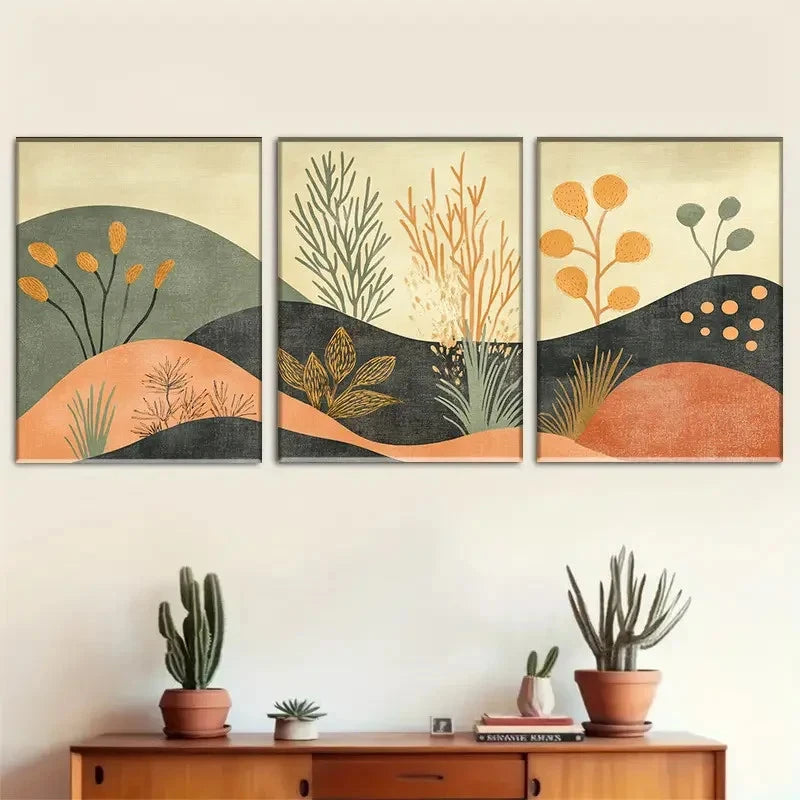 3pcs Earthy Plant Scene with Stone & Water Metal Print Ready to Hang Art