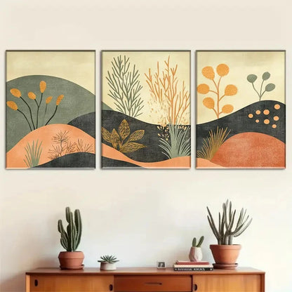 3pcs Earthy Plant Scene with Stone & Water Metal Print Ready to Hang Art