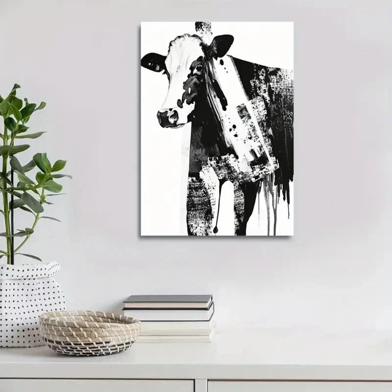 Modern Abstract Black and White Cow Painting 40x60cm Metal Print Ready to Hang
