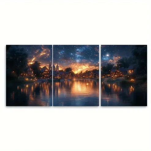3pcs Scenic Old Town Canvas Print with Starry Wall Art Set Canvas Unframed - High Quality Print 100% Australian Made Wall Canvas