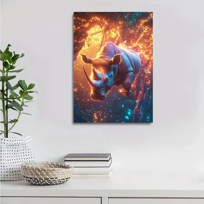 Surreal Rhino Swing Neon Glow Painting 40x60cm Metal Print Ready to Hang