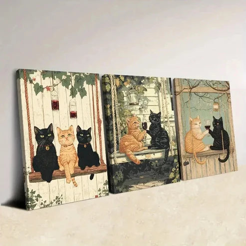 3pcs Contemporary Cat Illustrations Wall Art Canvas Unframed - High Quality Print 100% Australian Made Wall Canvas