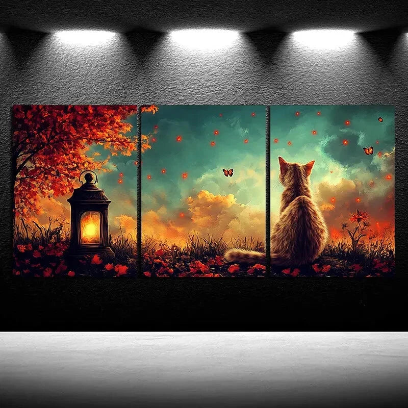 3pcs Red Florals Kitten And Lantern Metal Print Ready to Hang Art