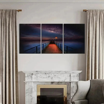 3pcs Starry Sky Night Scene Lake Bridge Wall Art Set Canvas Framed 40x60cm - High Quality Print 100% Australian Made Wall Canvas Ready to Hang