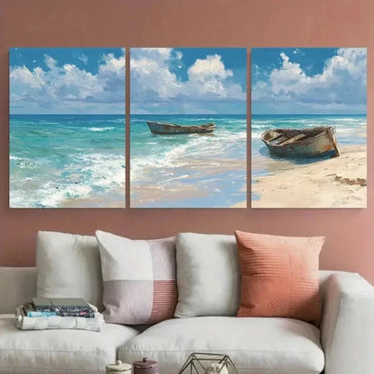 3pcs Stranded Boats On Beach Variant Perfect  Wall Art Set Canvas Framed 60x90cm - High Quality Print 100% Australian Made Wall Canvas Ready to Hang