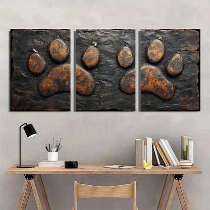 3pcs Dog Paw Charcoal Brown and Black Metal Print Ready to Hang Art