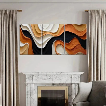 3pcs Wavy Patterns in Black White Orange & Beige Wall Art Set Canvas Framed 40x60cm - High Quality Print 100% Australian Made Wall Canvas Ready to Hang