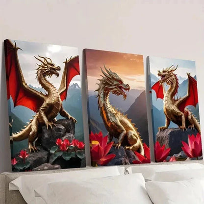 3pcs Golden Dragons with Red Wings Wall Art Canvas Unframed - High Quality Print 100% Australian Made Wall Canvas
