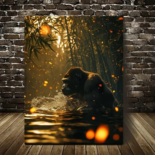 Serene Gorilla In Bamboo Grove with Glowing Embers 40x60cm Metal Print Ready to Hang