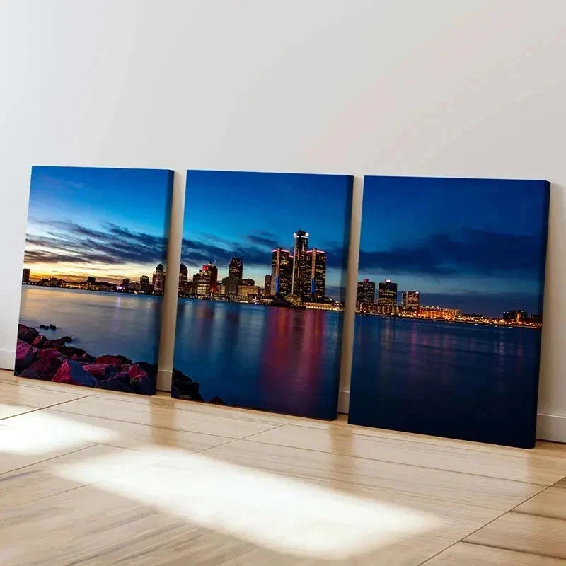 3pcs Modern Cityscape Sunset City Skyline Wall Art Set Canvas Framed 40x60cm - High Quality Print 100% Australian Made Wall Canvas Ready to Hang
