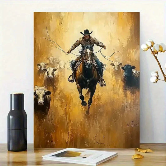 Cowboy Herding Cattle Vibrant Western Scene 40x60cm Metal Print Ready to Hang