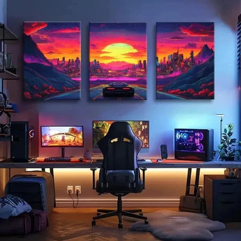 3pcs Futuristic Retro Neon Supercar Perfect Wall Art Set Canvas Unframed - High Quality Print 100% Australian Made Wall Canvas