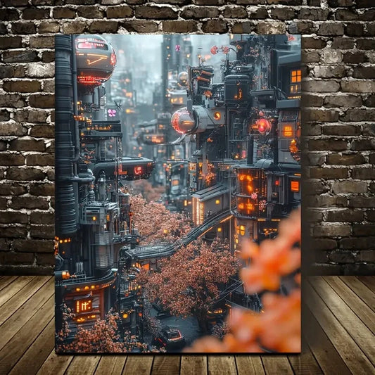 Beautiful Featuring a Cyberpunk Village Painting  40x60cm Metal Print Ready to Hang