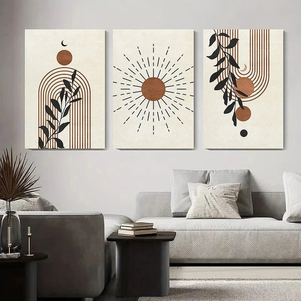 3pcs Abstract Geometric Moon and Leaf Design Metal Print Ready to Hang Art