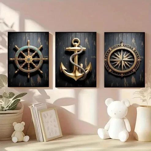3pcs Ship Wheel, Anchor, Compass Canvas Wall Art Canvas Unframed - High Quality Print 100% Australian Made Wall Canvas
