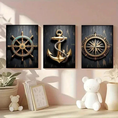 3pcs Ship Wheel, Anchor, Compass Canvas Wall Art Canvas Unframed - High Quality Print 100% Australian Made Wall Canvas