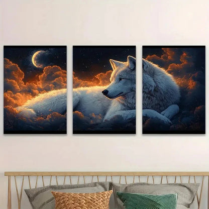 3pcs White Wolf & Dramatic Nighttime Scene Wall Art Set Canvas Framed 50x70cm - High Quality Print 100% Australian Made Wall Canvas Ready to Hang