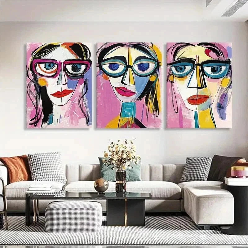 3pcs Colorful Faces Glasses Geometric Perfect Wall Art Set Canvas Framed 40x60cm - High Quality Print 100% Australian Made Wall Canvas Ready to Hang