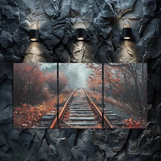 3pcs Rustic Abandoned Railway Track Metal Print Ready to Hang Art