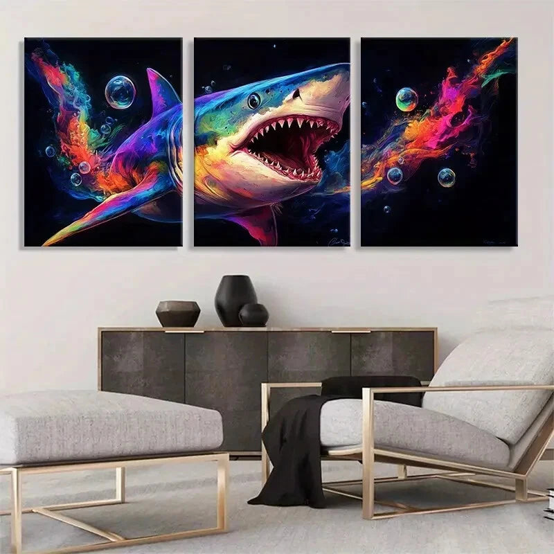 3pcs Colorful Shark Rainbow Splash Perfect Wall Art Set Canvas Framed 40x60cm - High Quality Print 100% Australian Made Wall Canvas Ready to Hang