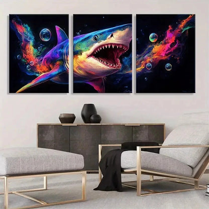 3pcs Colorful Shark Rainbow Splash Perfect Wall Art Set Canvas Framed 40x60cm - High Quality Print 100% Australian Made Wall Canvas Ready to Hang