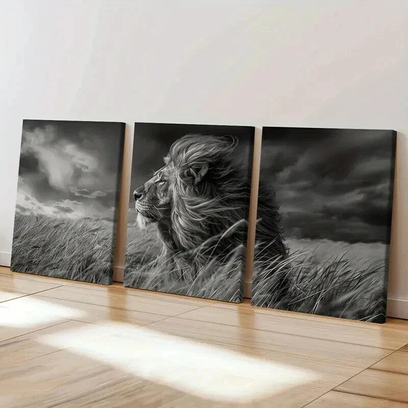 3pcs Lion in Grassland Stormy Sky Modern Wall Art Set Canvas Framed 40x60cm - High Quality Print 100% Australian Made Wall Canvas Ready to Hang