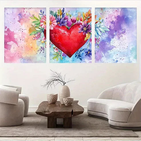 3pcs Vibrant Abstract Floral Heart Canvas Wall Art Set Canvas Framed 60x90cm - High Quality Print 100% Australian Made Wall Canvas Ready to Hang