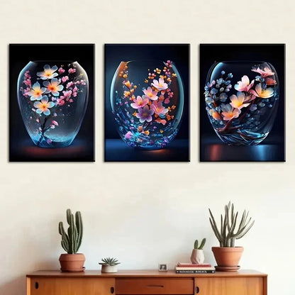3pcs Modern Floral Flower Blue & Orange Perfect Wall Art Set Canvas Framed 50x70cm - High Quality Print 100% Australian Made Wall Canvas Ready to Hang