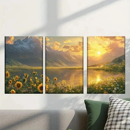 3pcs Stunning Sunset Above a Mountain Lake Wall Art Set Canvas Framed 40x60cm - High Quality Print 100% Australian Made Wall Canvas Ready to Hang