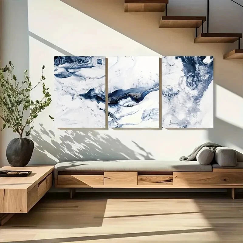 3pcs Featuring Navy Blue And White Ocean Metal Print Ready to Hang Art
