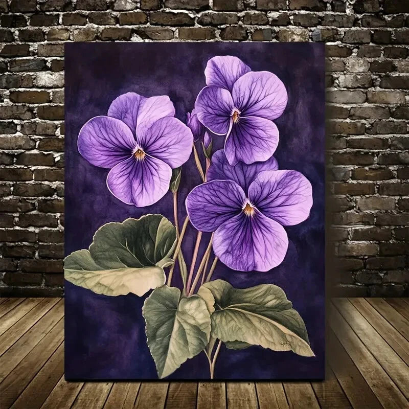 Vibrant Purple Violets with Green Leaves Painting 40x60cm Metal Print Ready to Hang