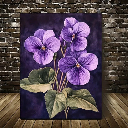 Vibrant Purple Violets with Green Leaves Painting 40x60cm Metal Print Ready to Hang