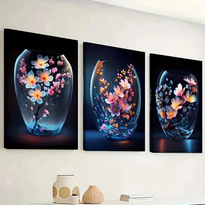 3pcs Modern Floral Flower Blue & Orange Perfect Wall Art Set Canvas Framed 40x60cm - High Quality Print 100% Australian Made Wall Canvas Ready to Hang