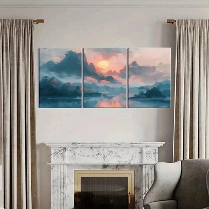 3pcs Sunrise Vintage Chinese Landscape Metal Print Ready to Hang Art
