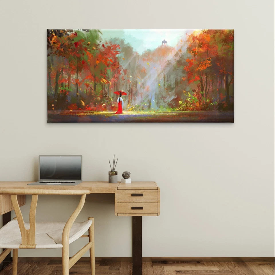 Autumn Forest Red Umbrella Scenic Wall Art Canvas Office Home Framed 120x60cm