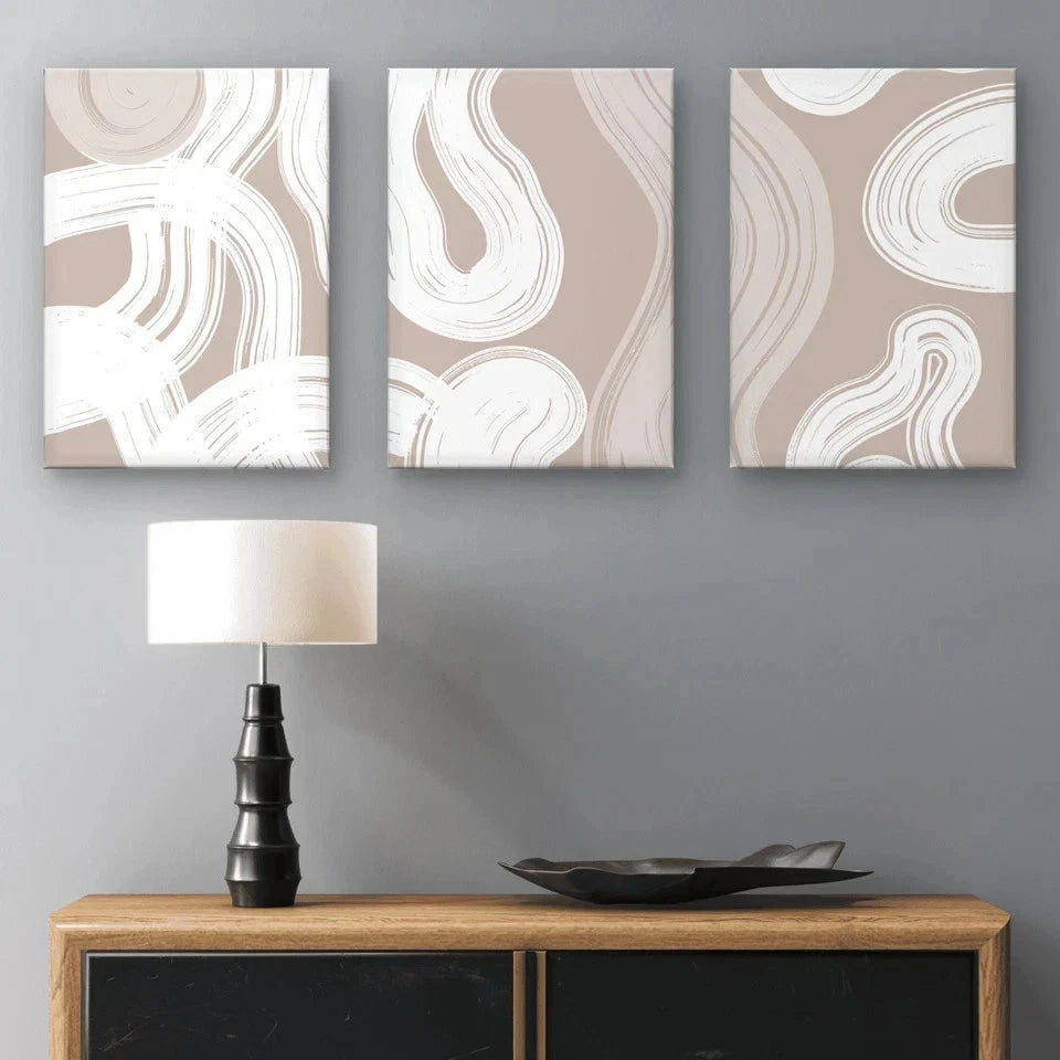 3pcs Neutral Abstract White Waves Wall Art Set Canvas Framed 40x60cm - High Quality Print 100% Australian Made Wall Canvas Ready to Hang
