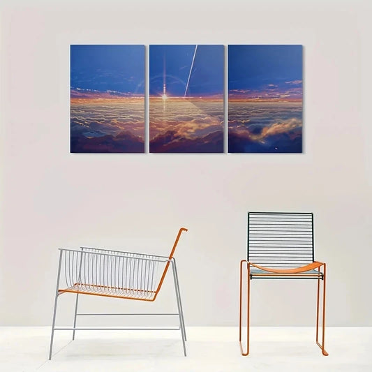 3pcs Vibrant Sunset Above the Clouds Metal Print Ready to Hang Art