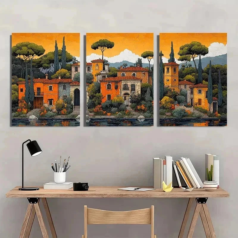 3pcs Whimsical Italian Landscape Pastel Perfect Wall Art Set Canvas Framed 40x60cm - High Quality Print 100% Australian Made Wall Canvas Ready to Hang